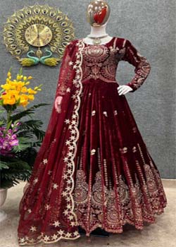 Party wear maroon Viscos Velvet Gown With Dupatta (Rs.499/-)