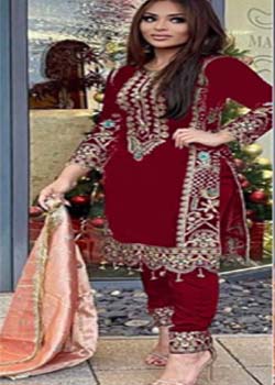 Party Wear Top suit with Dupatta and Fully Stiched Bottom maroon velvet (Rs.399/-)	De